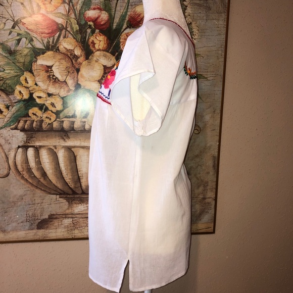Sz L Mexican White Floral Embroidered S/S Shirt - Picture 4 of 12